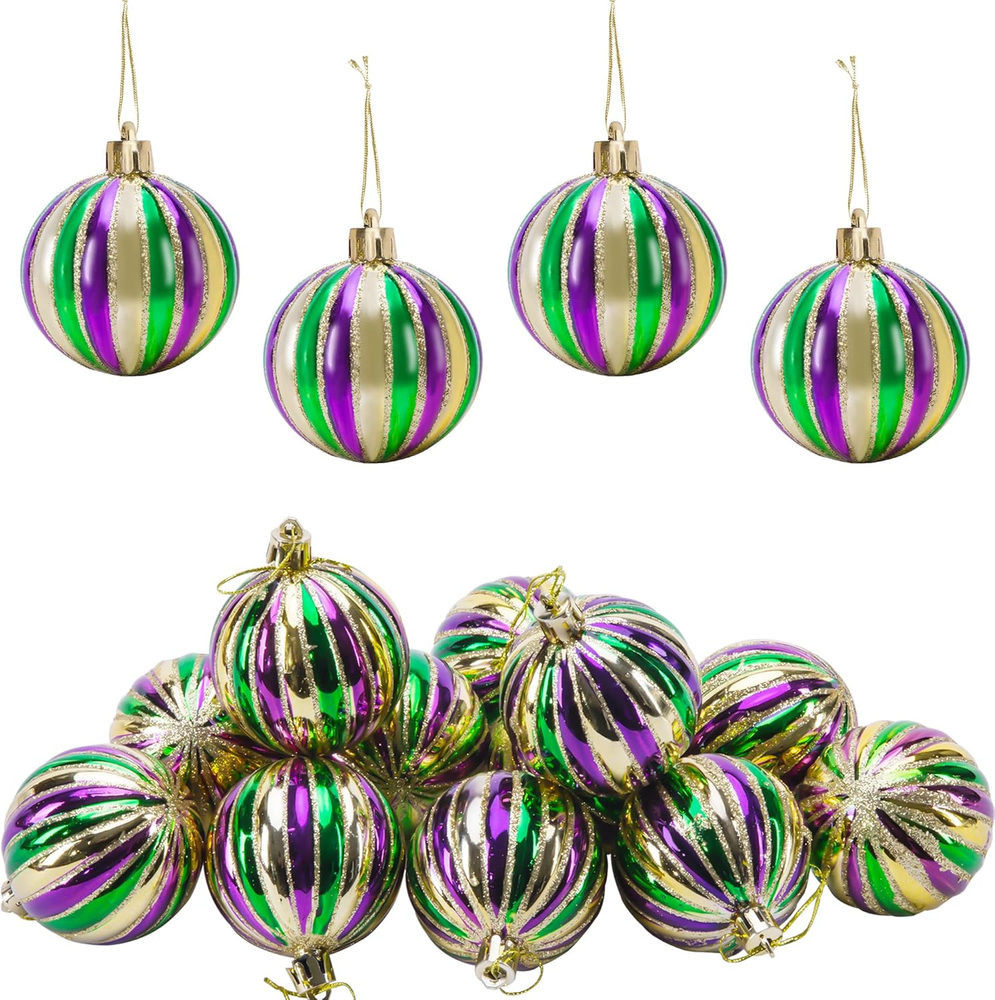12 PCS Mardi Gras Ball Ornaments- 2 Inch Mardi Gras Shatterproof Hanging Ornamen