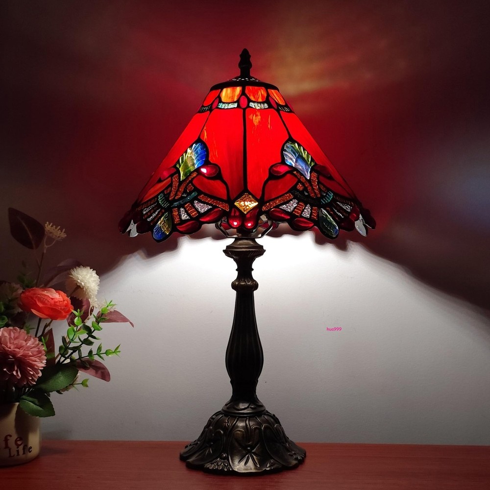 Tiffany Table Lamp Red Baroque Style Stained Glass Lamp 12X12X19 Inch Antique...