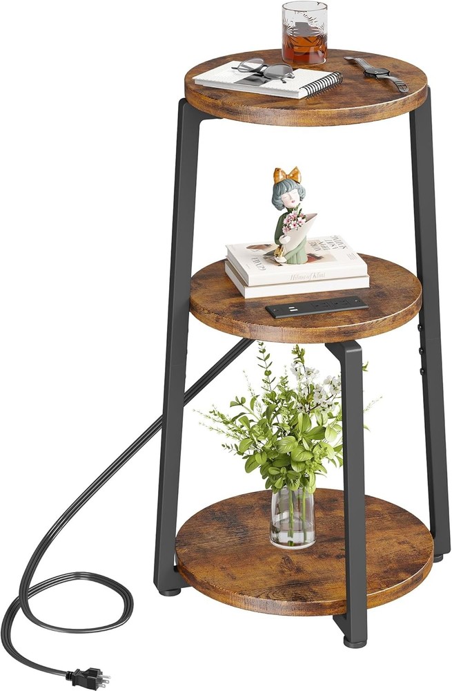 Rustic Brown Round End Table with 3 Tiers and Built-in Charging Station