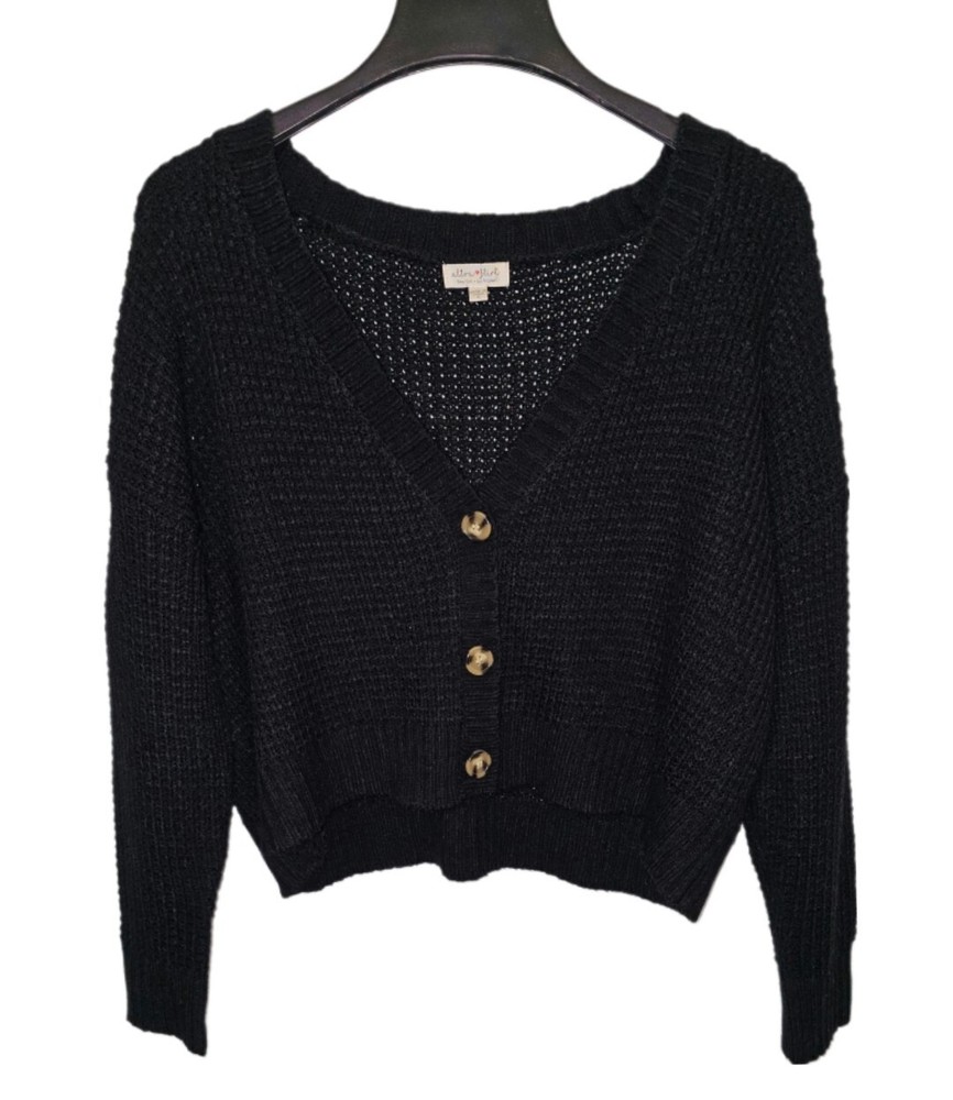 Ultra Flirt Black Open Knit Long Sleeve Button Up Cardigan Junior's Size S