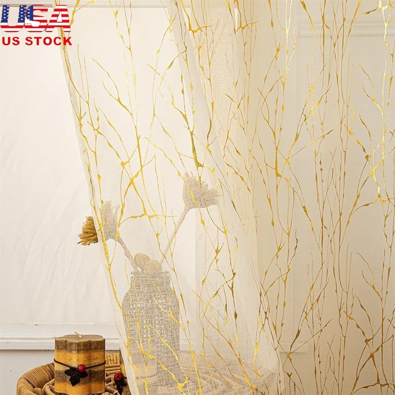 Sheer Curtains W/ Golden Foil Print Tree Branch Design Window Treatment New