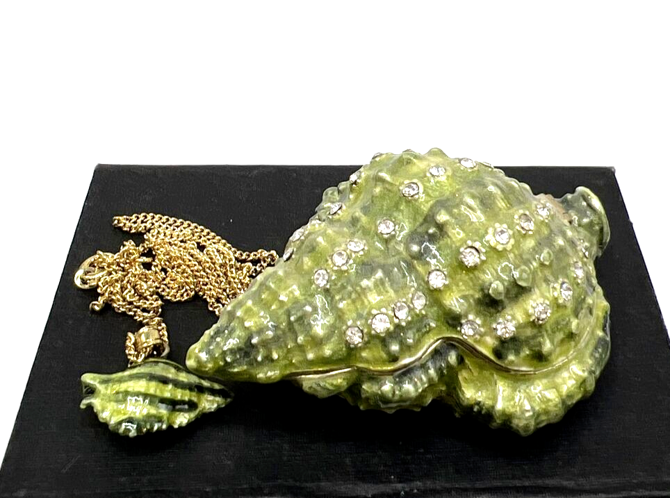Seashell Trinket Box & Necklace Set - Metal Enamel with Rhinestone Accents