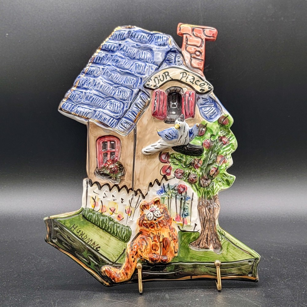 Signed Heather Goldminc Ceramic Cat Bird Plaque by Blue Sky Our Place