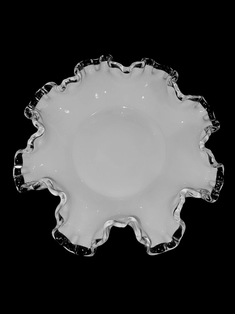 Vintage Fenton Silver Crest White Milk Glass Ruffled Edge 8 Inch Bowl UV Reactive