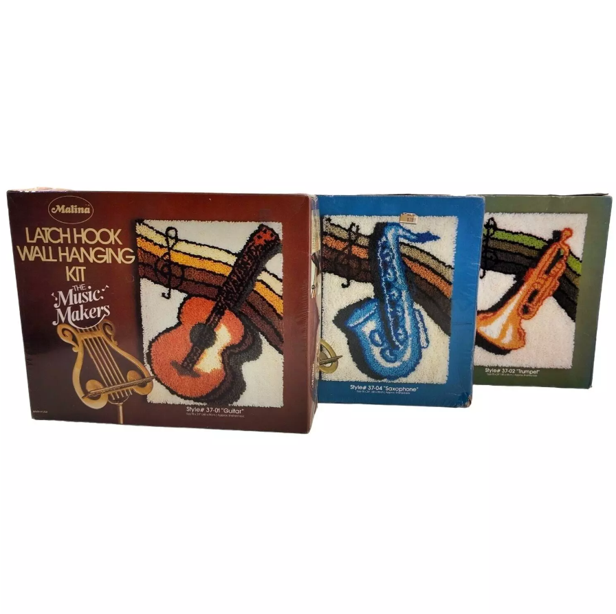 Vintage NOS Malina Latch Hook Kits Music Guitar Saxophone or Trumpet 18x24