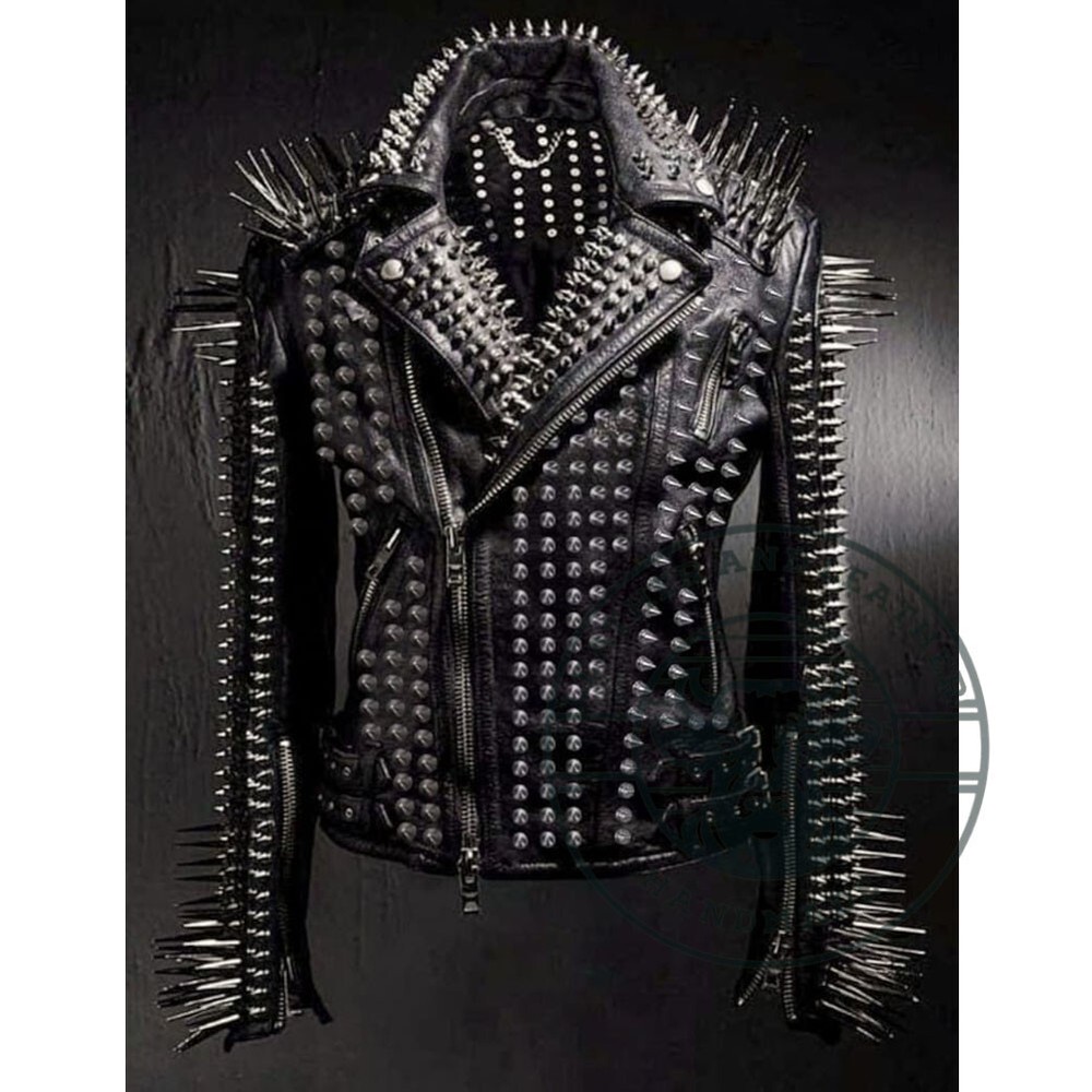 Steampunk Biker Jacket with Heavy Metal Studs and Leather Fashion Design