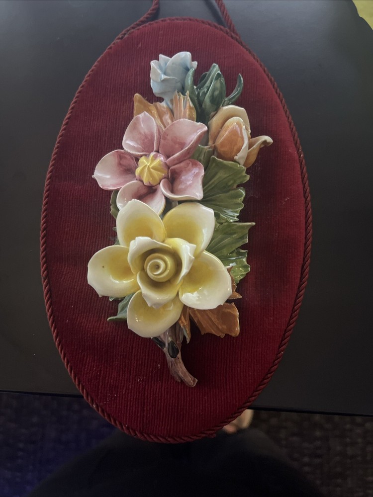 Vintage Capodimonte Porcelain Flowers  Burgundy Velvet Wall Art Italy mid cent