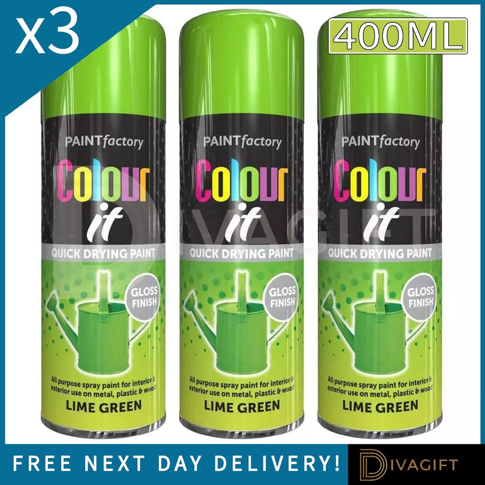 3 x LIME GREEN GLOSS FINISH 400ML ALL-PURPOSE SPRAY PAINT FOR METAL WOOD PLASTIC