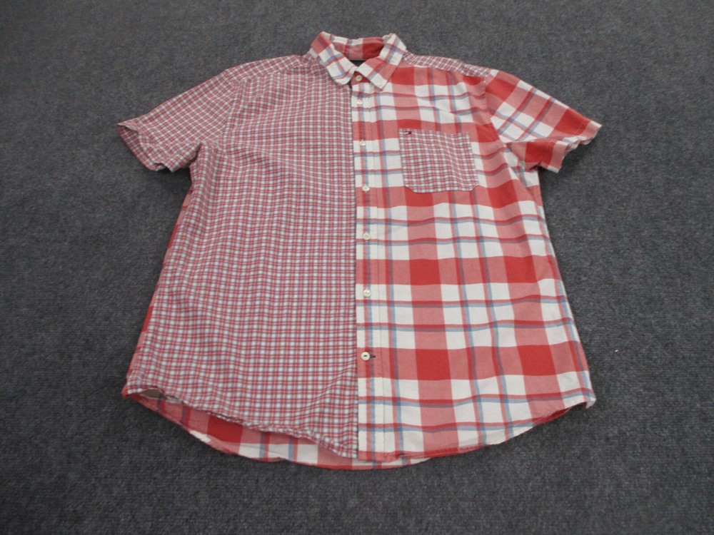 Tommy Hilfiger Shirt Adult XL Red Plaid Colorblock Business Patchwork Mens