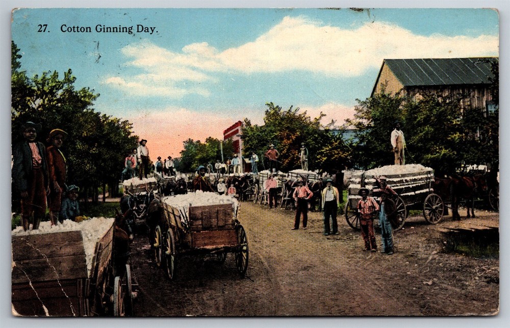 Vintage 1916 Cotton Ginning Postcard with Horses Wagons Workers SD L2