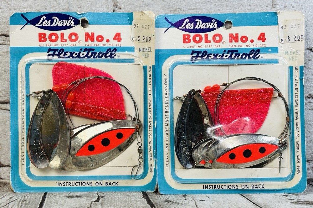 Lot of 2 Vintage Les Davis Bolo No. 4 Flex-i-Troll Nickel Red Fishing Lures NOS