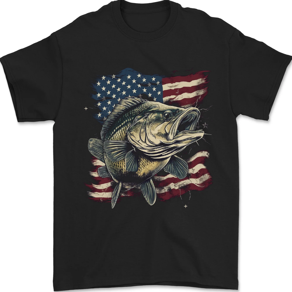 An American Deer With Flag USA Fishing Mens T-Shirt 100% Cotton