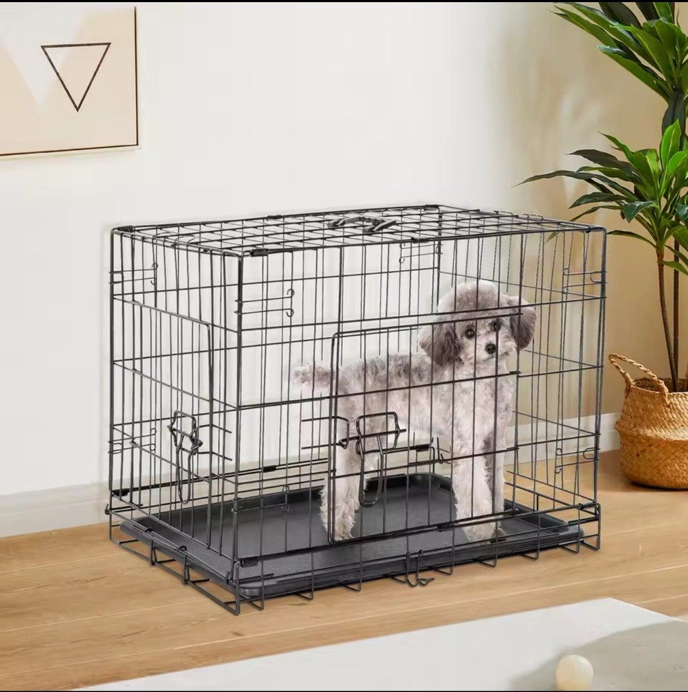 Double Door Foldable Metal Wire Dog Crate with Leak-Proof Plastic Tray for Travel-image