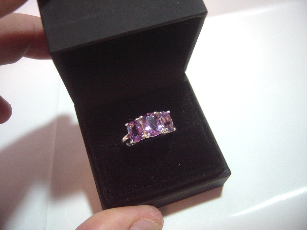 vintage solid silver ring-3 magnificent large oblong violet amethysts-size L