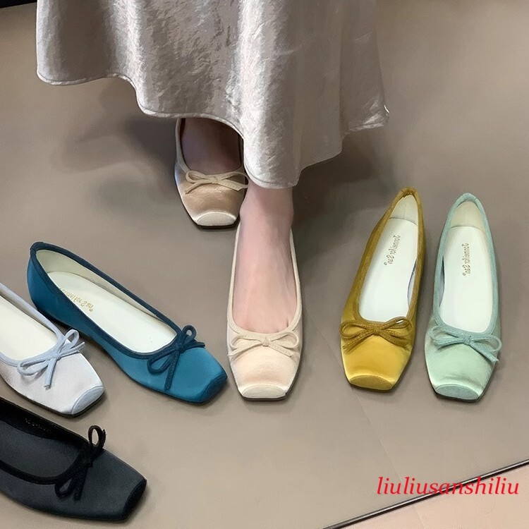 French Loafers Shoes Women's Spring/Summer New Square Toe Satin Bow Shoes Flats