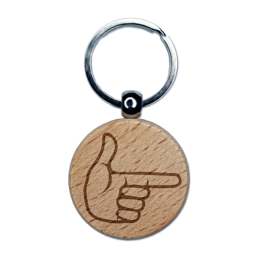 Finger Gun Hand Engraved Wooden Keychain Tag Charm