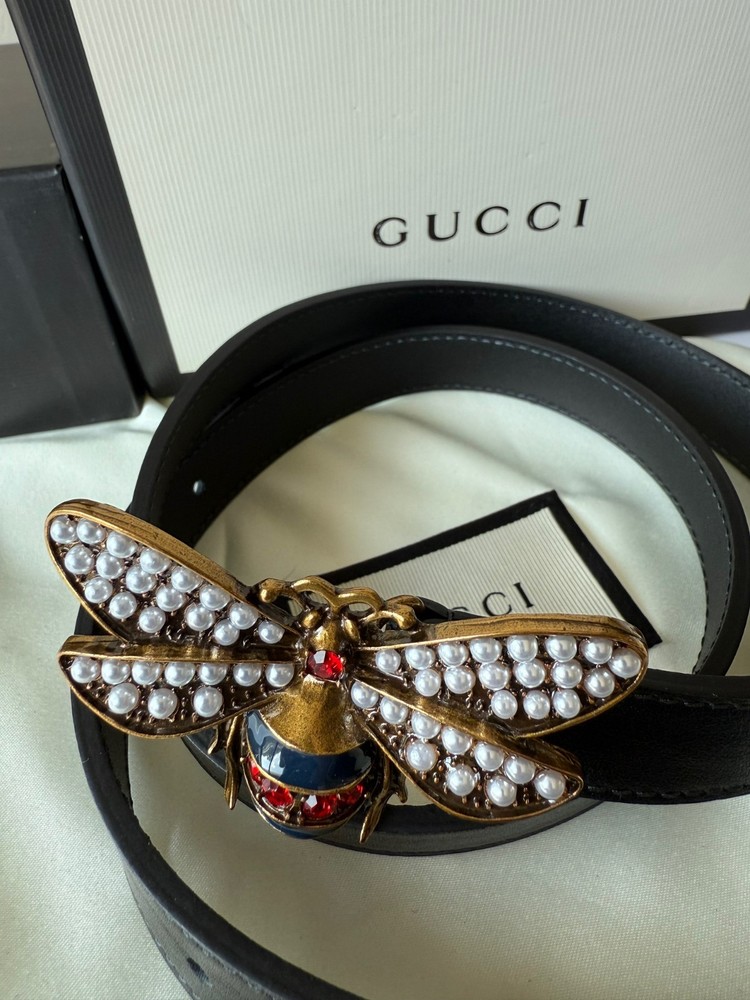 Gucci Bee Womens Black Leather Skinny Belt Size 75 cm Fits 24-26 Waist with Box