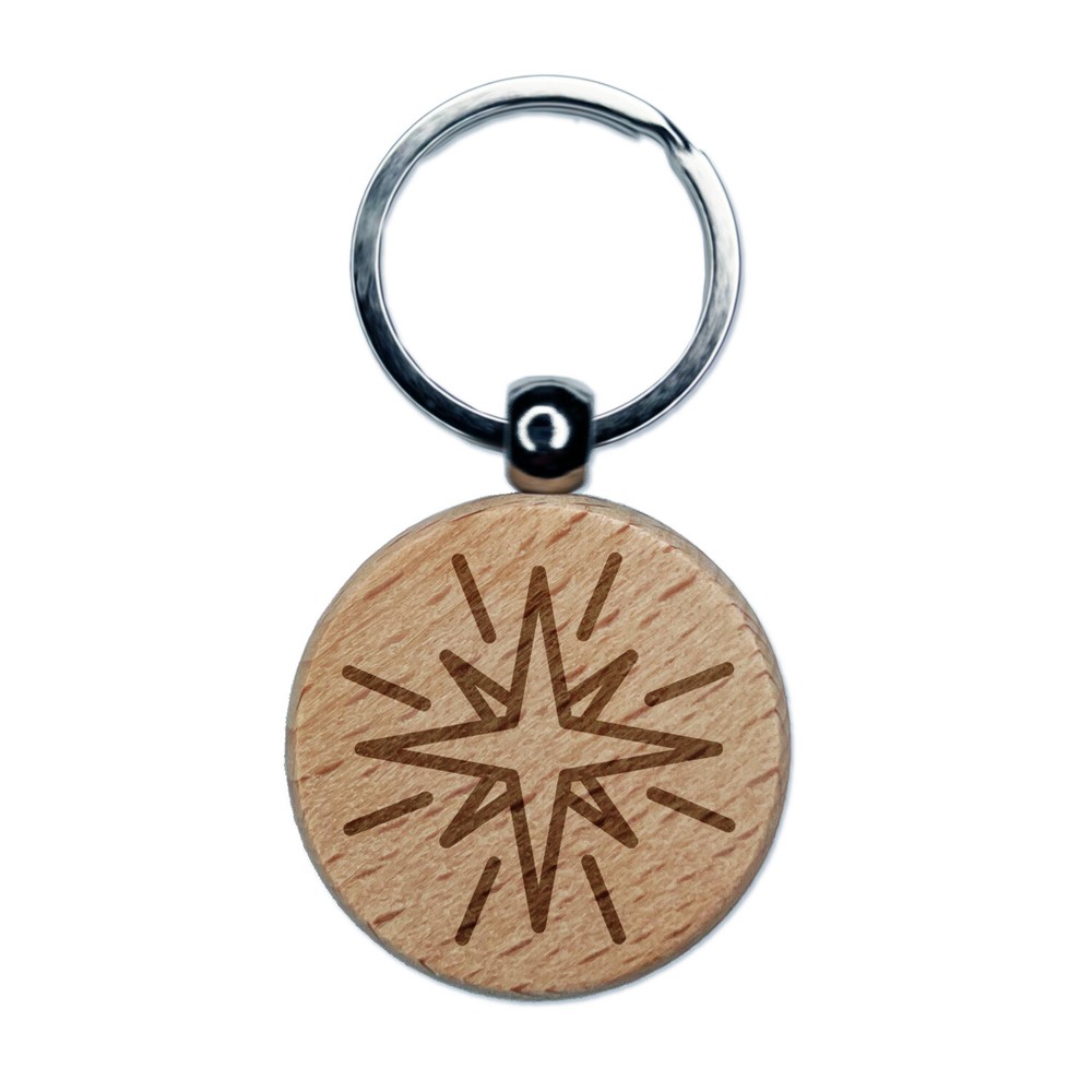 Shining Star Engraved Wood Round Keychain Tag Charm