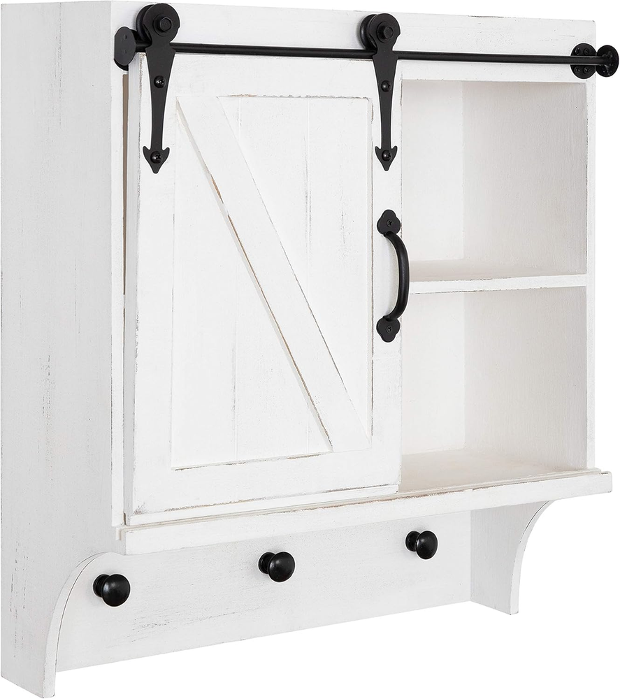 Farmhouse wall cabinet with sliding barn door and 3 hooks for stylish storage