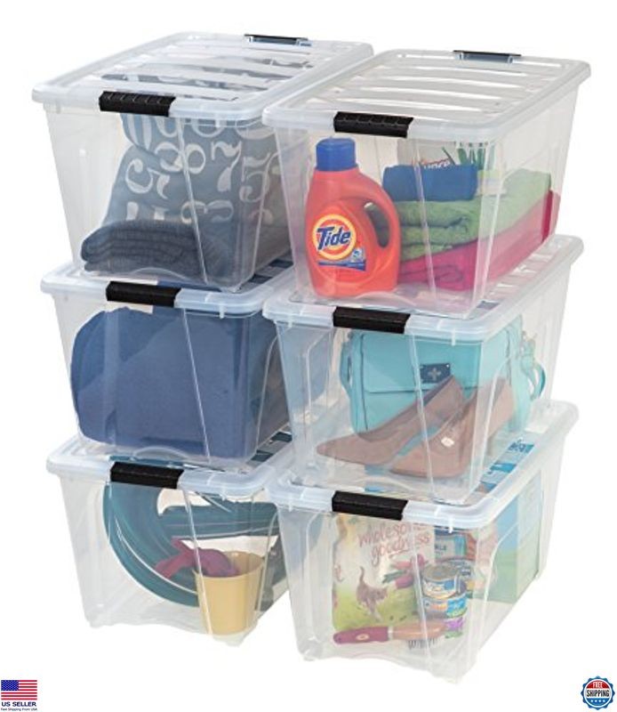 54 Qt Stackable Plastic Storage Bins with Lids, 6 Pack, BPA-Free, Clear
