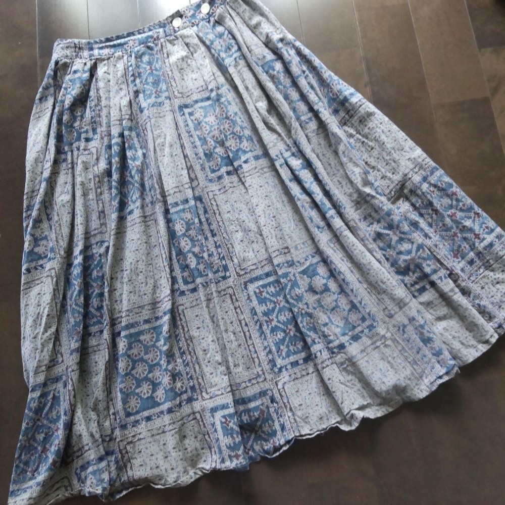 Pas de Calais Block Print Long Cotton Skirt Size Adjustable New