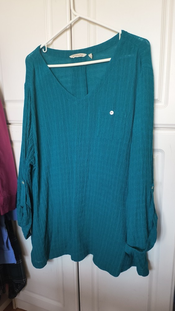 Soft Surroundings Lagenlook Gauze Tunic Turquoise  Long Roll Up Sleeves 3X (S7