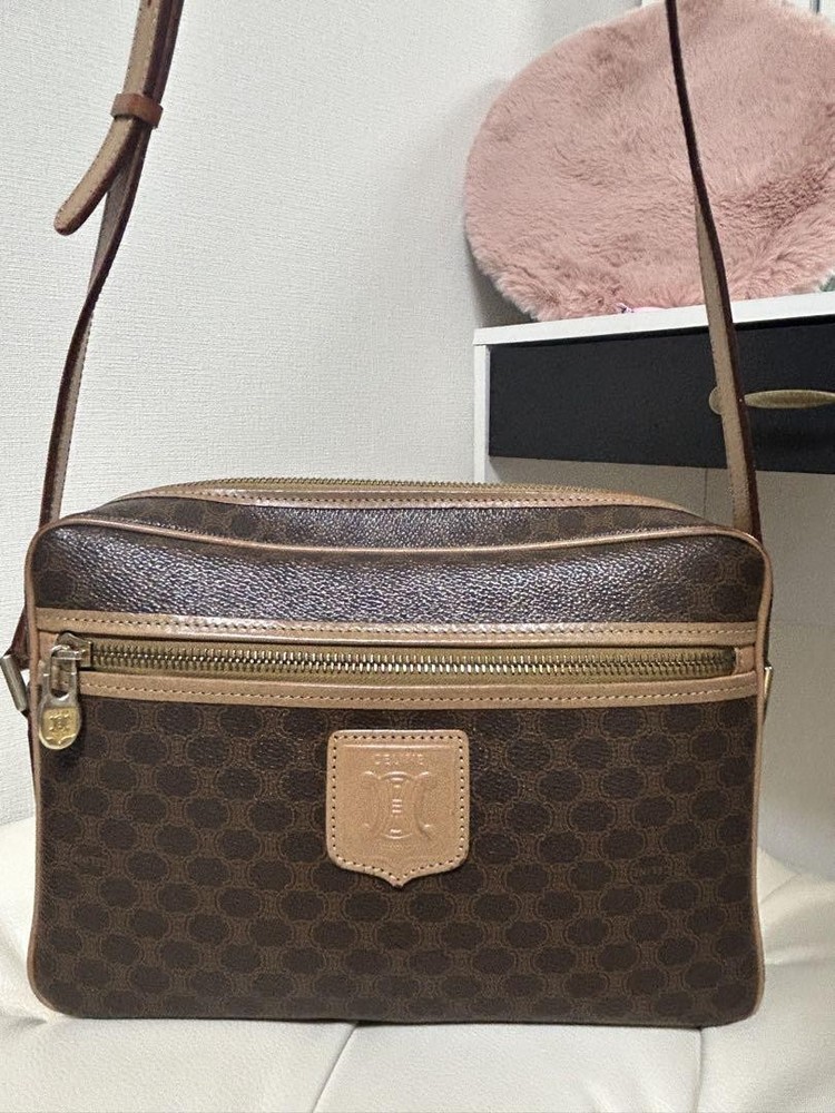 CELINE Macadam Triomphe Shoulder Bag Brown PVC Leather Vintage Authentic