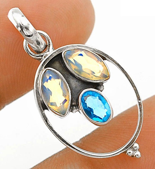 Natural Fire Opalite & Topaz 925 Solid Sterling Silver Pendant Jewelry