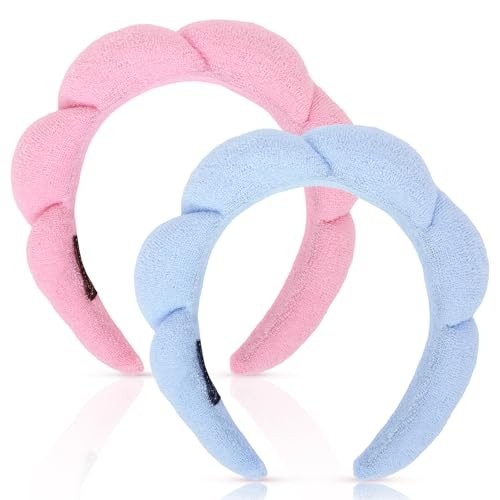 2pcs Skincare Headband for Washing Face, Makeup, Spa - Cute Pink Blue Puffy