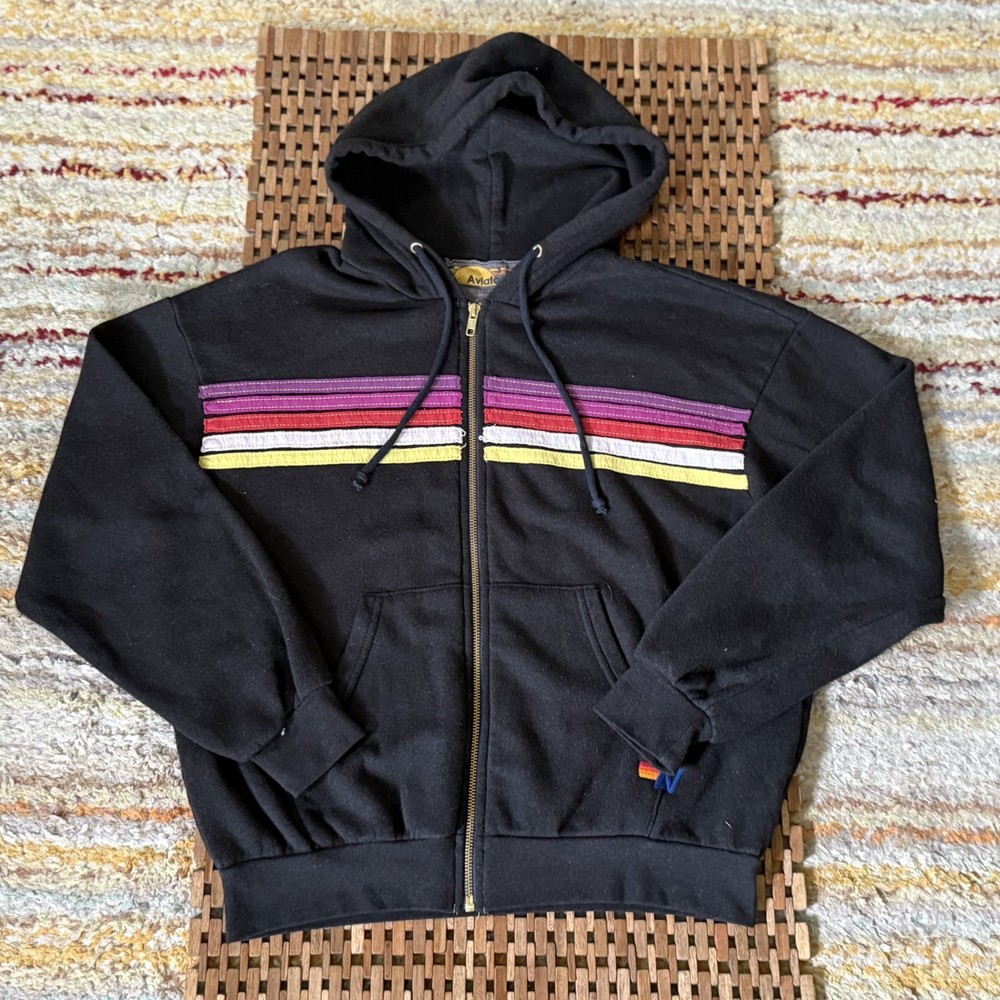 Aviator Nation Classic Five Stripe Hoodie Black Men's Size Small S