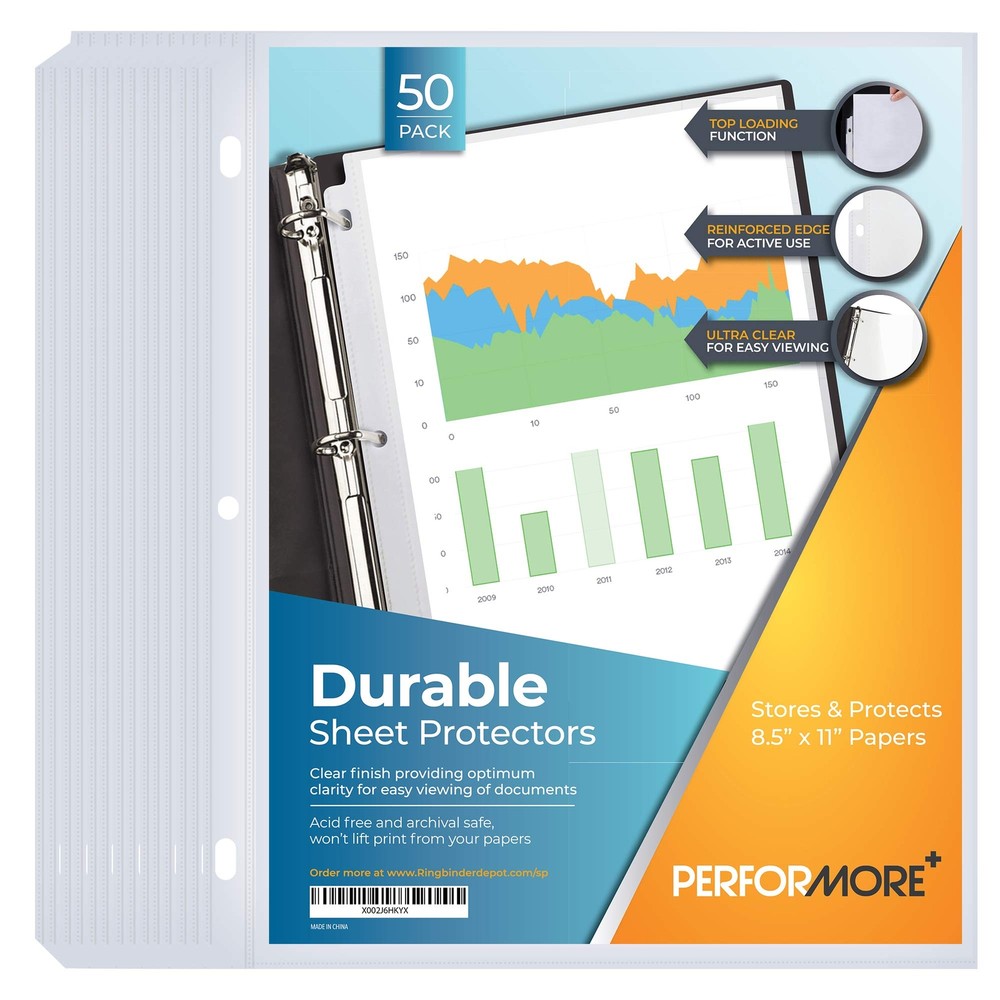 Performore 50 Sheet Protectors, Durable Clear Page 8.5 X 11 Inch for 3 Ring B...