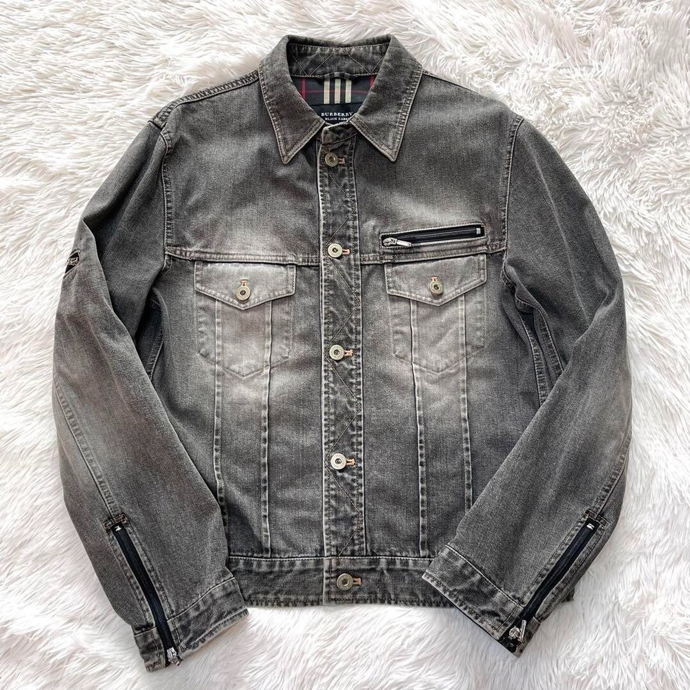Burberry black label Black Denim Jacket Outer Nova check Button Men Size M Used