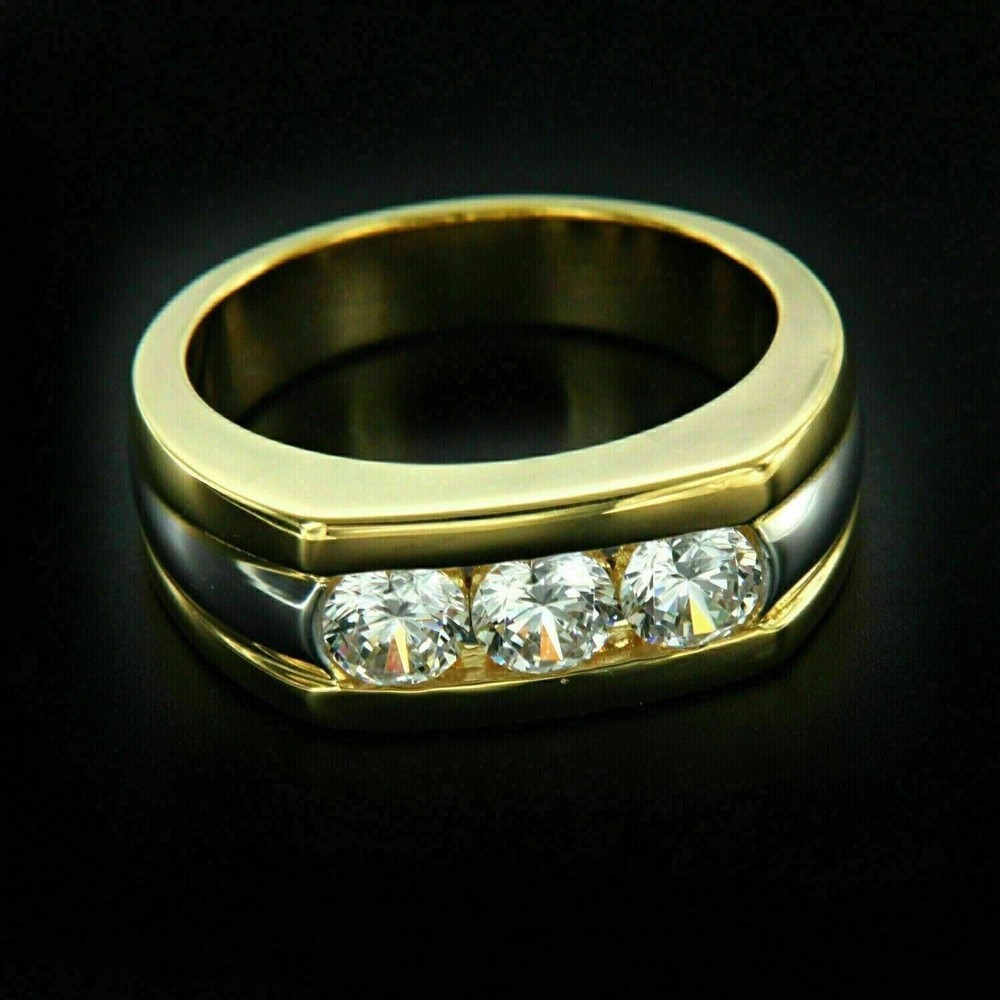 1.50 Ct Round Cut Lab-Created Three Stone Mens Ring 14K Yellow Gold Plated