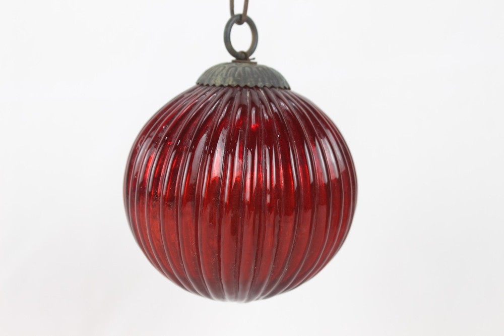 Vintage Red Glass Ornament Ribbed Design Christmas Holiday Tree Decoration