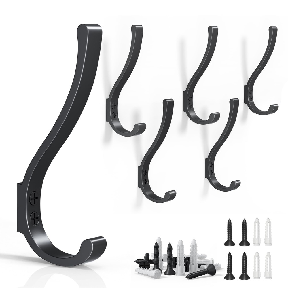 6PCS Large Black Coat Hooks Wall Mount Heavy Duty, Wall Hooks for Hanging, Ba...