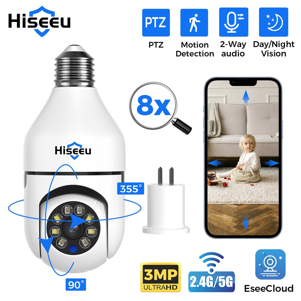 Hiseeu 3MP Wireless E27 Bulb Camera Smart Security Camera WiFi PTZ 8x Zoom