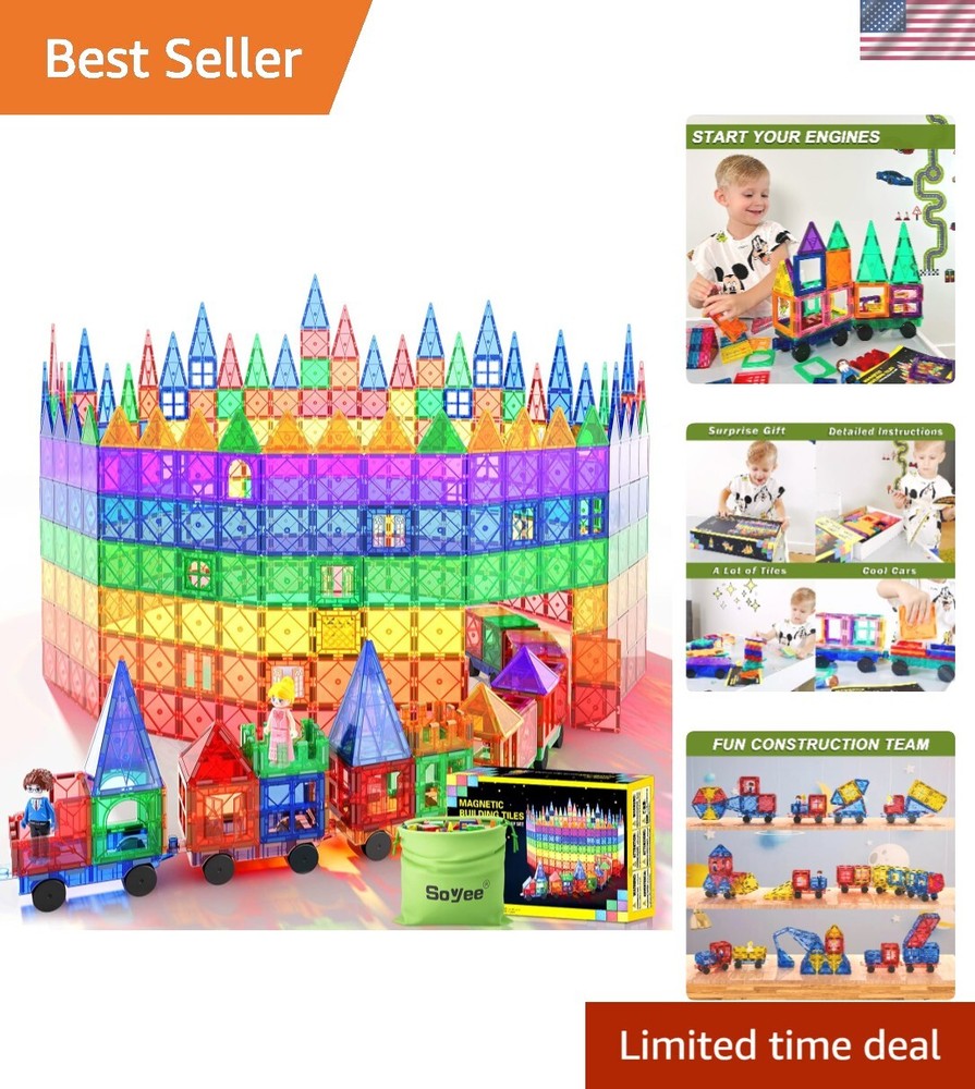 Magnetic Tiles Building Set with 2 Cars STEM Learning Toy for 3 Year Old Boys Gift