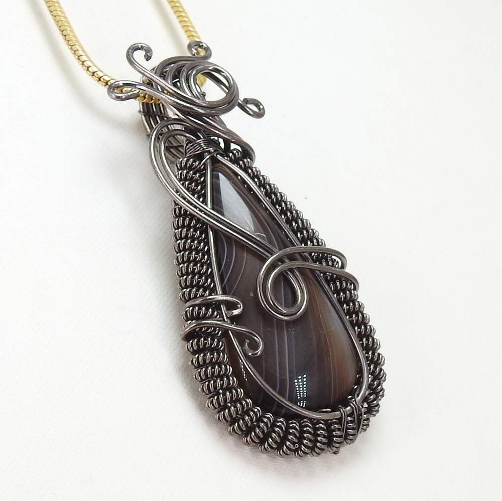 Black Strip Agate Brass Pendant Silver Oxidised Polished Wire Wrapped Jewelry