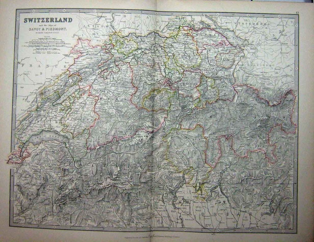 Old Antique Print Map 1888 Switzerland Savoy Piedmont Alps Luzern Schwytz 19th