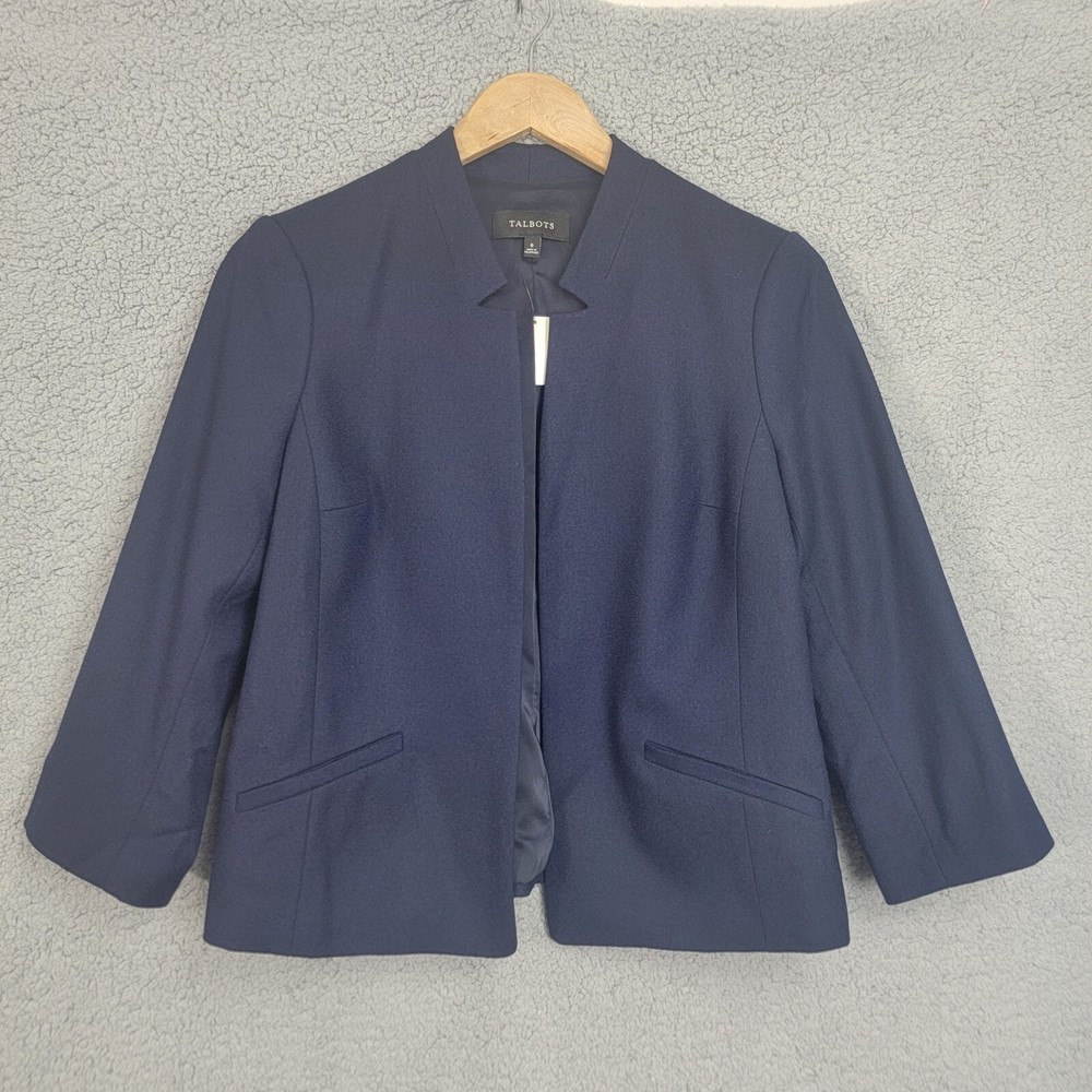 Talbots Wool Blend Open Blazer Jacket Size 6 Navy Blue Lined