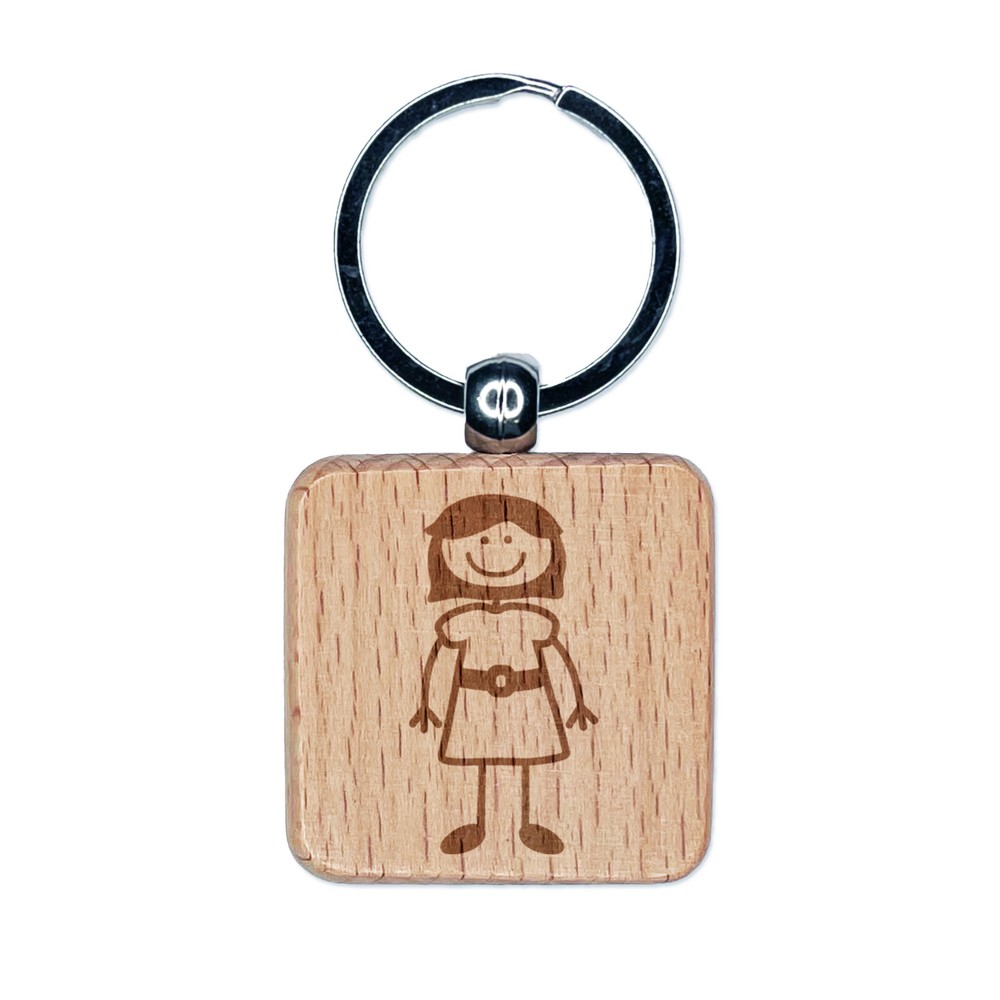 Engraved Wood Keychain for Mom with Stick Figure Woman Design  
