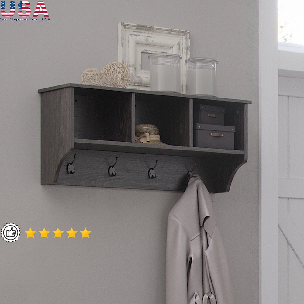 Gray Wall Coat Rack with Hooks and Open Cubbies for Entryway Storage