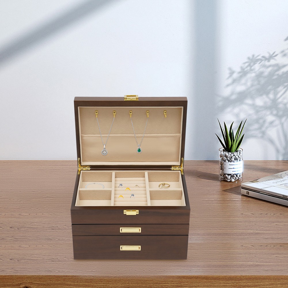 3-Tier Wooden Jewelry Box with 2 Drawers for Organized Storage
