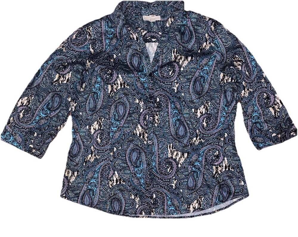 Dana Buchman Womens Size XL  Shirt Button Down 3/4 Sleeves Blue Multcolor