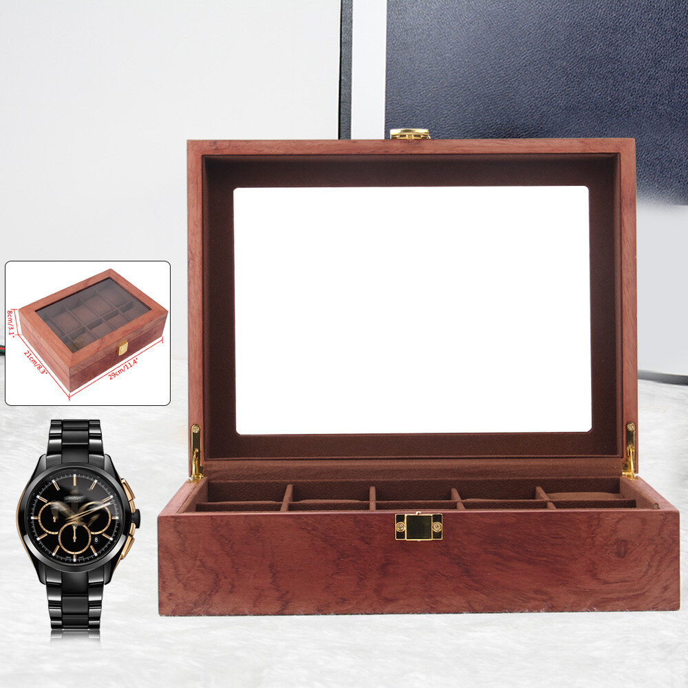 10-Slot Wooden Watch Box with Glass Lid for Jewelry Storage