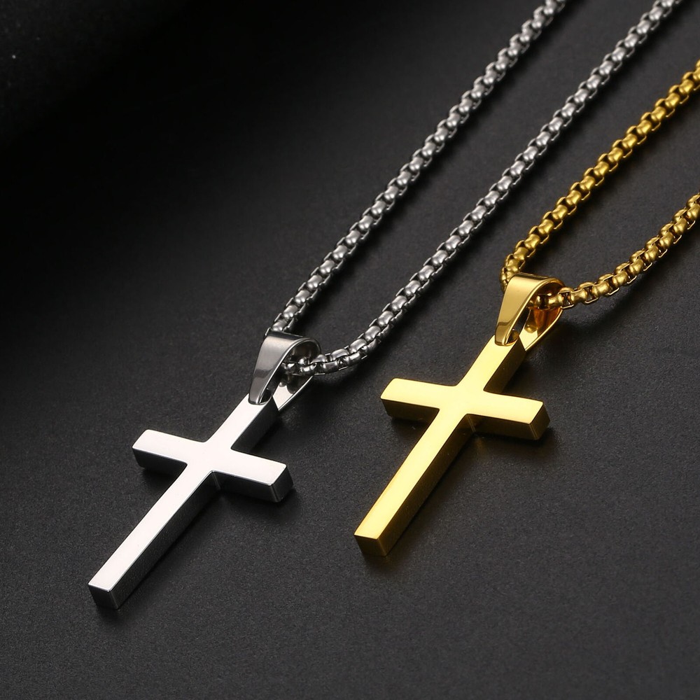 Men Women Boy Cross Necklace Stainless Steel Simple Small Pendant 2Pcs Chain