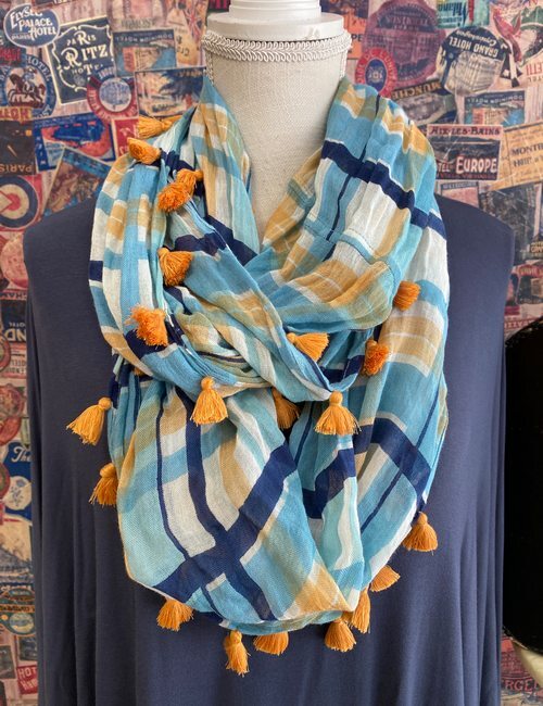 Shiraleah Plaid Infinity Scarf with Tassels in Blue Orange White