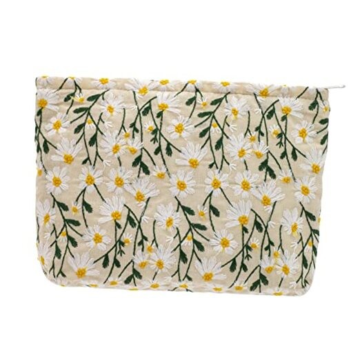 Makeup Bags for Purse Zipper Cosmetic Pouch Large Travel Canvas Daisy White
