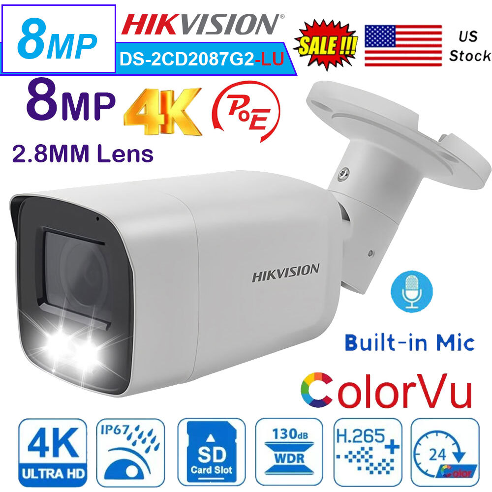 Hikvision OEM DS-2CD2087G2-LU Full Color 8MP Bullet IP Camera with MIC and 2.8mm Lens