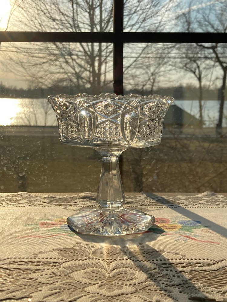 Vintage EAPG McKee Glass Quintec Oval Hobstar Cane Comport 5.25 Inch